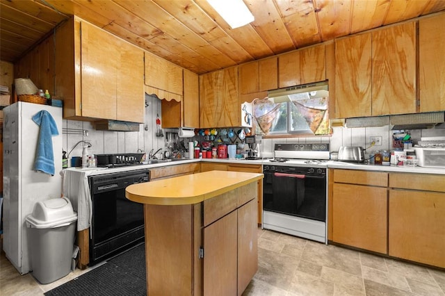 628 Kelley Rd, Columbia Falls, MT 59912 - kitchen featuring white range oven, wood ceiling, dishwasher, light countertops, and under cabinet range hood