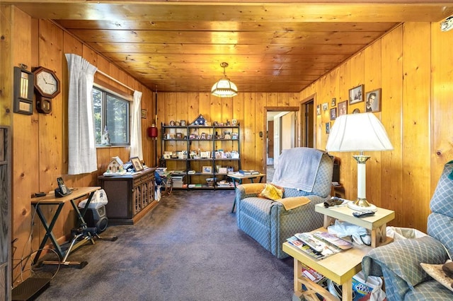 628 Kelley Rd, Columbia Falls, MT 59912 - sitting room featuring wood walls, wood ceiling, and carpet floors