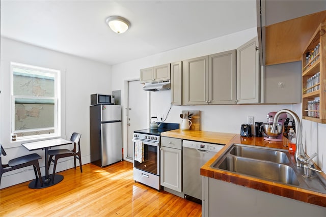 kitchen with light wood-style floors, gray cabinets, under cabinet range hood, a sink, and stainless steel appliances