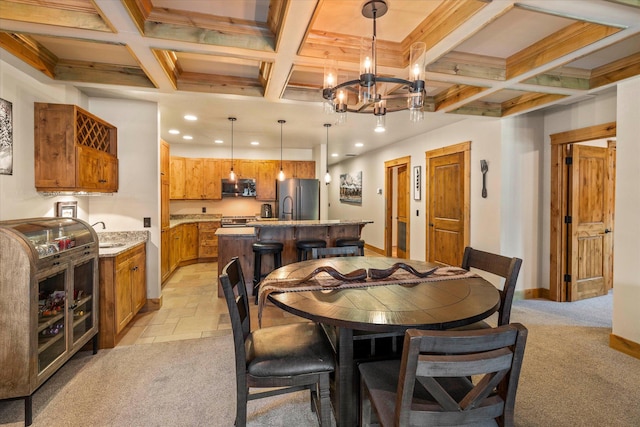 dining area with recessed lighting, coffered ceiling, baseboards, a notable chandelier, and beam ceiling