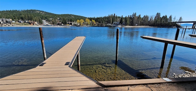 dock area with a water view and a view of trees