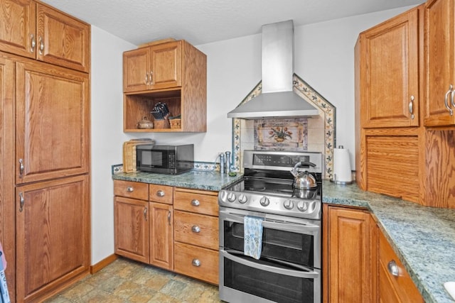 538 Bighorn Dr, Thompson Falls, MT 59873 - kitchen with stone counters, open shelves, wall chimney exhaust hood, brown cabinets, and double oven range