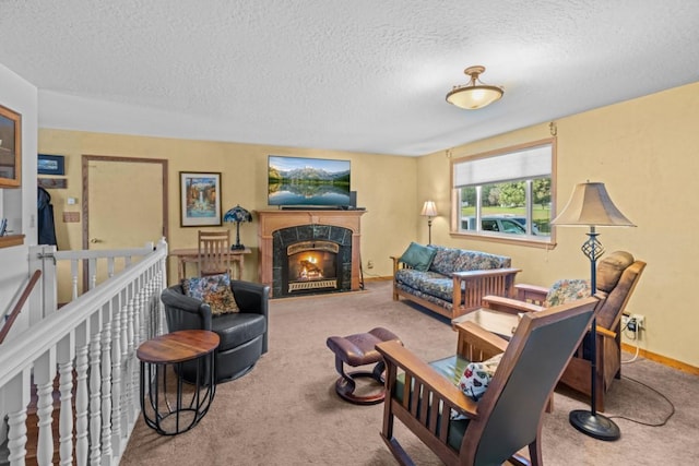 538 Bighorn Dr, Thompson Falls, MT 59873 - carpeted living area with a tile fireplace and a textured ceiling