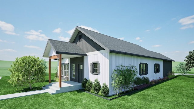 view of home's exterior featuring a shingled roof and a lawn
