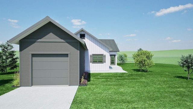exterior space featuring concrete driveway, board and batten siding, a garage, and a front lawn