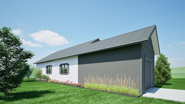 view of side of property with an outdoor structure, a garage, a lawn, and roof with shingles