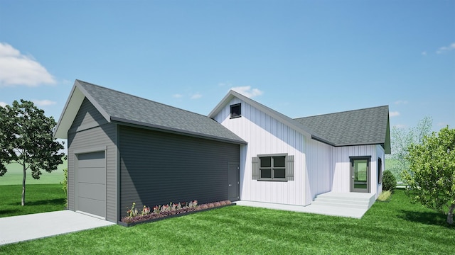 rear view of house with driveway, a lawn, and roof with shingles