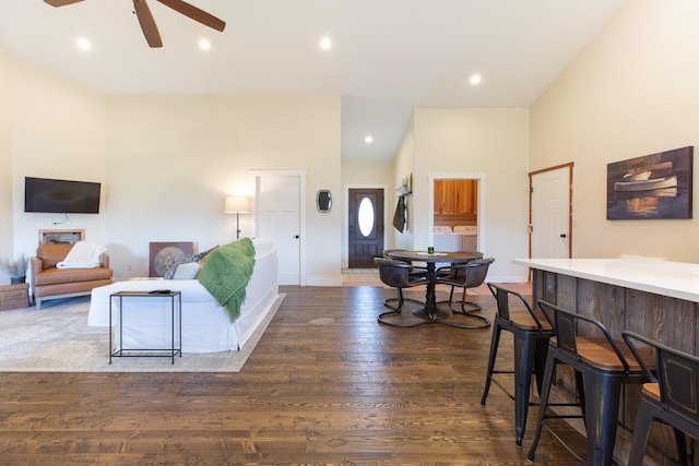 716 Shadow Dancer Way, Stevensville, MT 59870 - living area featuring a ceiling fan, dark wood finished floors, washing machine and dryer, and recessed lighting