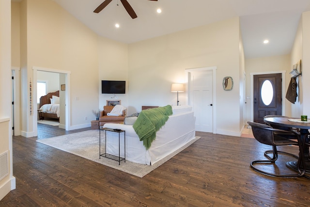 716 Shadow Dancer Way, Stevensville, MT 59870 - entrance foyer featuring a ceiling fan, high vaulted ceiling, wood finished floors, and recessed lighting