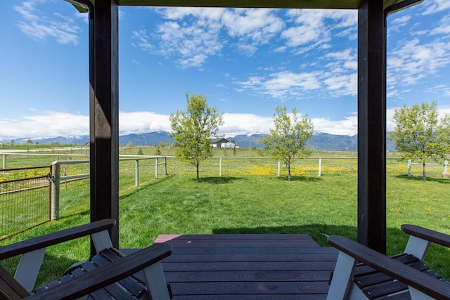 716 Shadow Dancer Way, Stevensville, MT 59870 - wooden deck featuring a view of countryside, a mountain view, and a fenced backyard