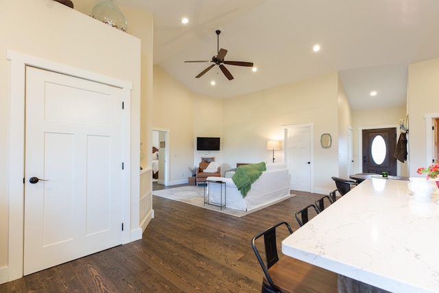 716 Shadow Dancer Way, Stevensville, MT 59870 - living room featuring ceiling fan, dark wood finished floors, recessed lighting, and high vaulted ceiling
