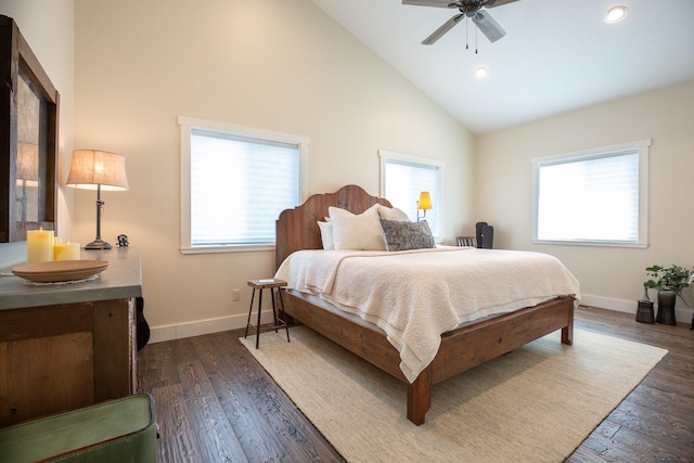 716 Shadow Dancer Way, Stevensville, MT 59870 - bedroom with high vaulted ceiling, dark wood-style floors, recessed lighting, and ceiling fan