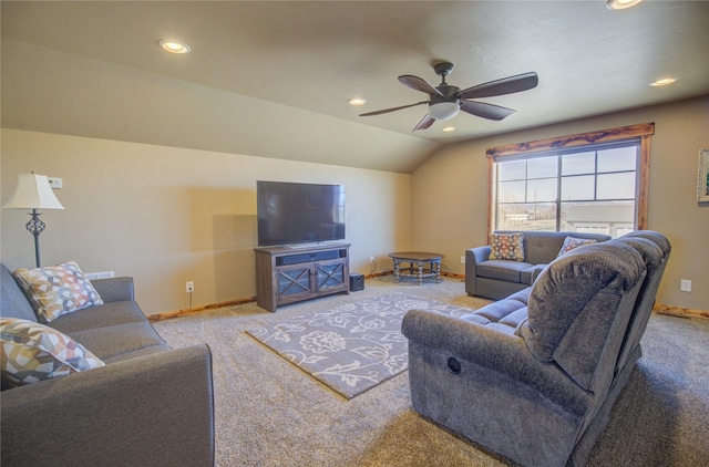3774 Juliet Dr, Helena, MT 59602 - living room featuring carpet flooring, baseboards, recessed lighting, vaulted ceiling, and a ceiling fan