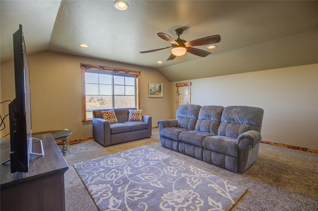 3774 Juliet Dr, Helena, MT 59602 - carpeted living room featuring recessed lighting, a ceiling fan, lofted ceiling, and baseboards