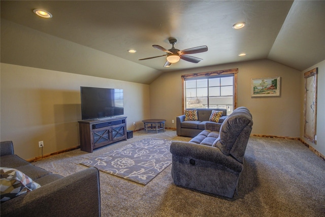3774 Juliet Dr, Helena, MT 59602 - carpeted living area with lofted ceiling, a ceiling fan, recessed lighting, and baseboards
