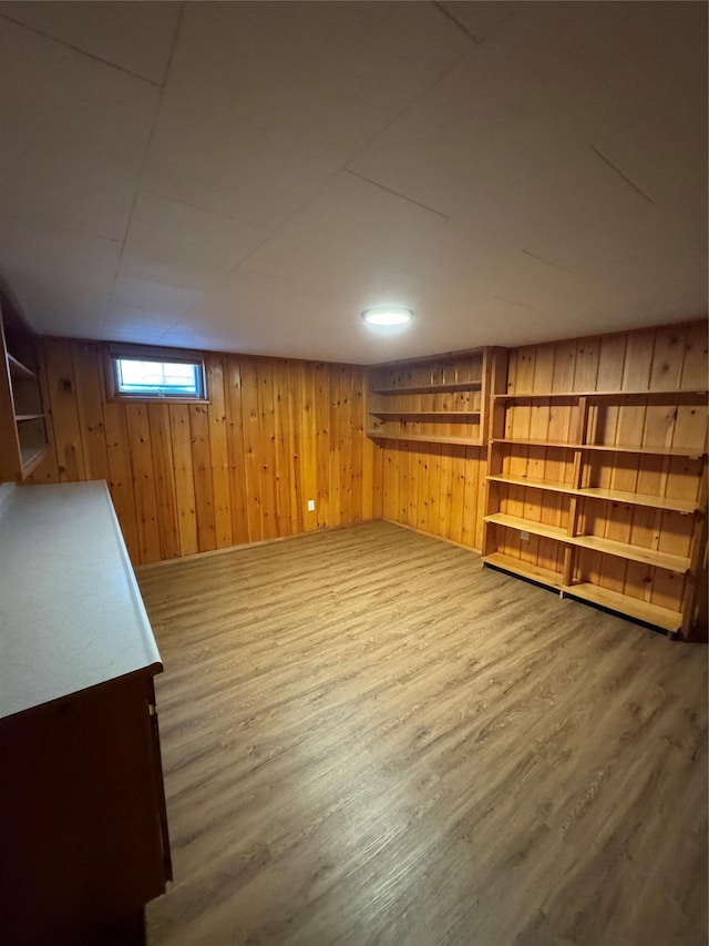 below grade area featuring wood walls and wood finished floors