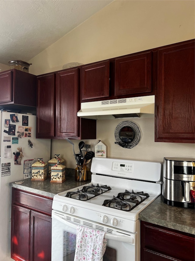 kitchen featuring under cabinet range hood, white appliances, reddish brown cabinets, and dark countertops