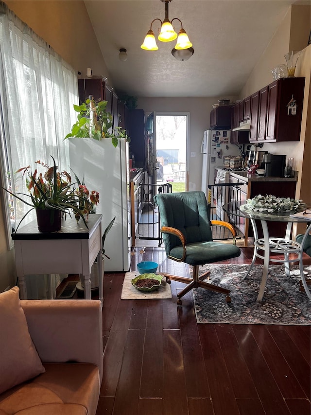 living area featuring dark wood-style flooring and lofted ceiling