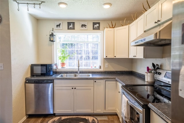 139 Highwood Dr, Libby, MT 59923 - kitchen with appliances with stainless steel finishes, a sink, under cabinet range hood, dark countertops, and wood finished floors