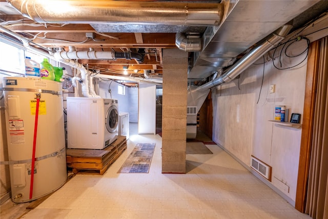 139 Highwood Dr, Libby, MT 59923 - below grade area featuring water heater, washer and dryer, and light floors