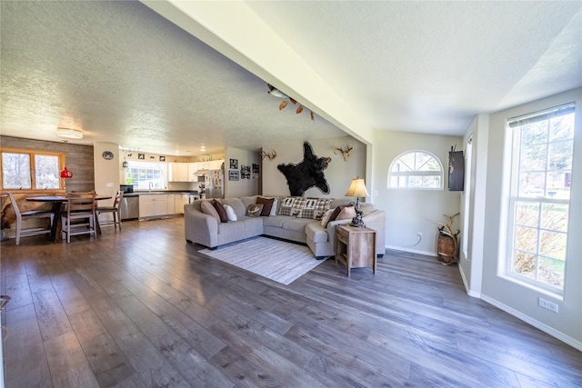 139 Highwood Dr, Libby, MT 59923 - living room featuring a textured ceiling, dark wood-style floors, and baseboards