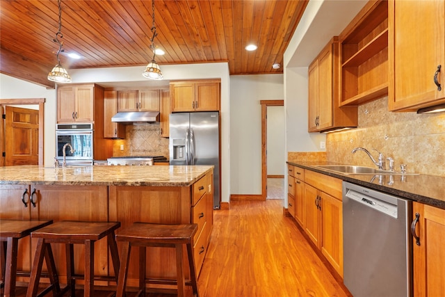 kitchen featuring decorative backsplash, wood ceiling, under cabinet range hood, a sink, and stainless steel appliances