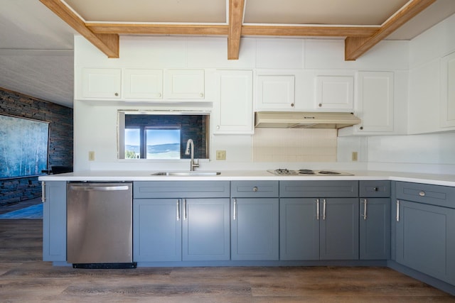 714 Rosalind St, Philipsburg, MT 59858 - kitchen featuring dishwasher, a sink, under cabinet range hood, white cooktop, and beamed ceiling
