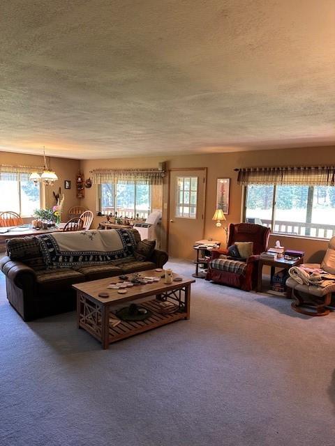 708 Johnson Ln, Superior, MT 59872 - living room featuring carpet floors, a textured ceiling, and a notable chandelier