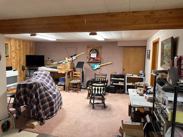 708 Johnson Ln, Superior, MT 59872 - miscellaneous room with carpet flooring, wood walls, and beam ceiling