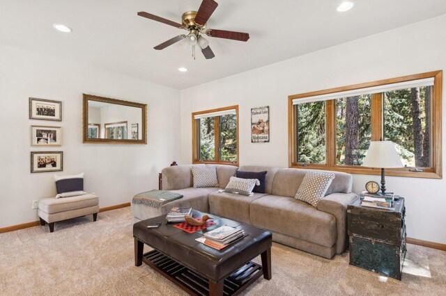 196 Pine Needle Ln, Bigfork, MT 59911 - living room with light colored carpet, recessed lighting, and ceiling fan