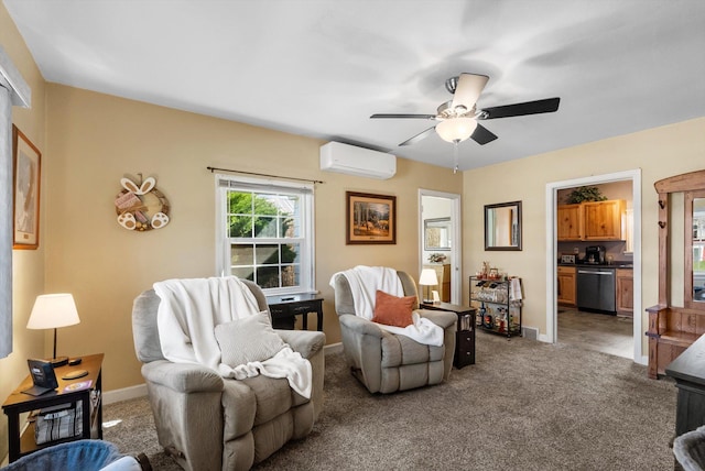 carpeted living room featuring baseboards, ceiling fan, and a wall mounted air conditioner