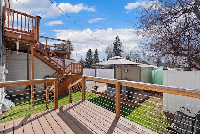 deck featuring a fenced backyard and stairs