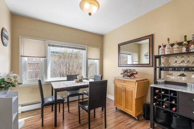 dining room featuring wood finished floors and a baseboard radiator