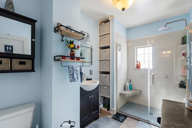 full bathroom with a shower stall, toilet, and vanity