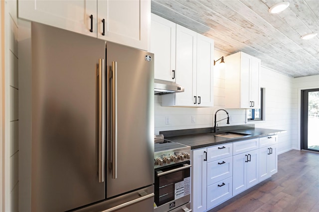 kitchen with under cabinet range hood, dark countertops, wooden ceiling, a sink, and high quality appliances