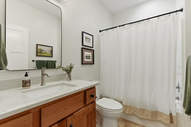 bathroom with tile patterned flooring, toilet, vanity, and shower / bathtub combination with curtain