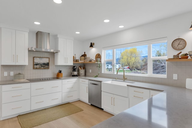 kitchen with stainless steel dishwasher, wall chimney exhaust hood, open shelves, and black electric cooktop