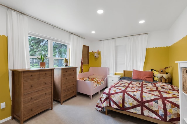 bedroom featuring recessed lighting and light colored carpet