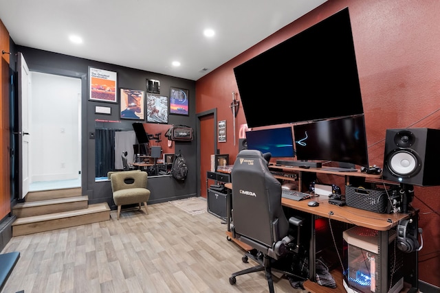 home office with recessed lighting and wood finished floors