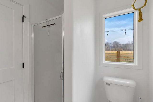 bathroom with a shower stall and toilet