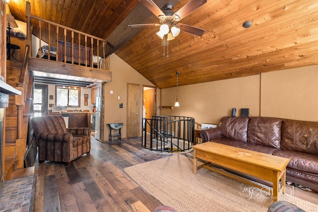 62 Limber Pne, Whitefish, MT 59937 - living area featuring vaulted ceiling, a ceiling fan, wood ceiling, and dark wood-style floors