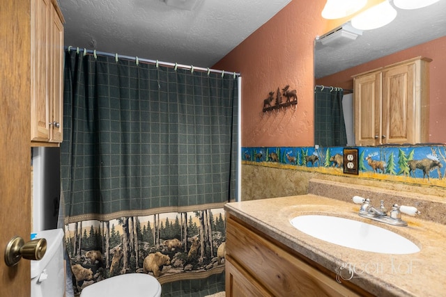62 Limber Pne, Whitefish, MT 59937 - bathroom featuring vanity, a textured ceiling, curtained shower, and a textured wall