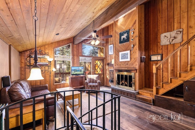 62 Limber Pne, Whitefish, MT 59937 - living area featuring hardwood / wood-style flooring, wooden ceiling, vaulted ceiling, and wooden walls