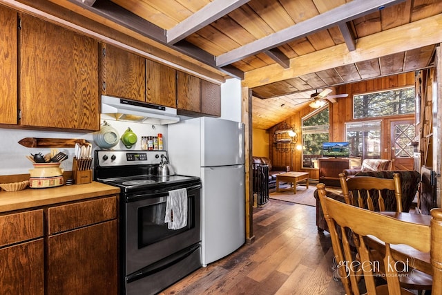 62 Limber Pne, Whitefish, MT 59937 - kitchen featuring dark wood finished floors, ceiling fan, electric range, wooden ceiling, and under cabinet range hood