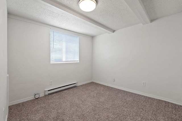 121 Iowa Ave Unit 1G, Whitefish, MT 59937 - unfurnished room featuring a baseboard radiator, carpet flooring, a textured ceiling, and beamed ceiling