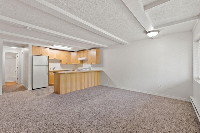 121 Iowa Ave Unit 1G, Whitefish, MT 59937 - kitchen featuring freestanding refrigerator, stove, light brown cabinets, under cabinet range hood, and light carpet
