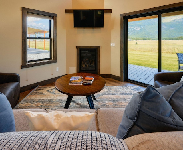 2360 Mt Highway 206, Columbia Falls, MT 59912 - living area featuring plenty of natural light, wood finished floors, and a glass covered fireplace