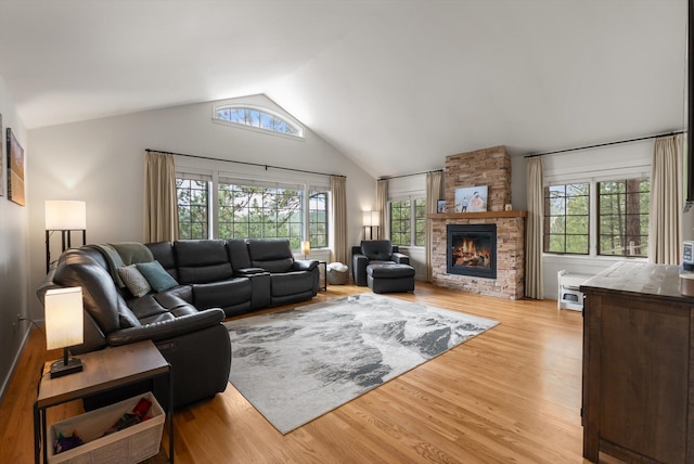 living area featuring vaulted ceiling, wood finished floors, and a fireplace