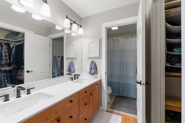 bathroom featuring a walk in closet, a sink, double vanity, and toilet