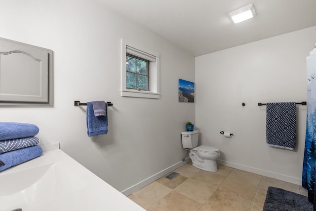full bath with tile patterned flooring, visible vents, toilet, and baseboards